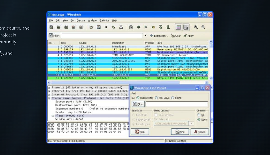 Wireshark workspace with packet list and detail panes
