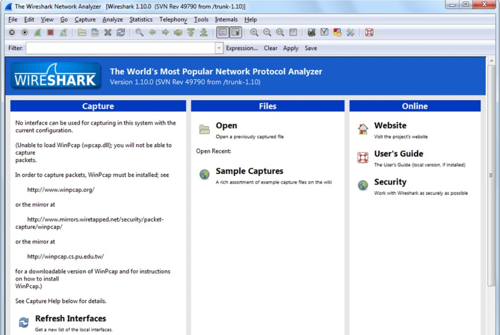 Wireshark welcome screen